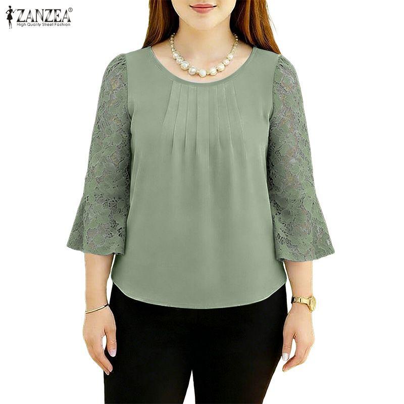 ZANZEA Women Casual Round Neck Loose Lace Splice 3/4 Sleeve Blouse