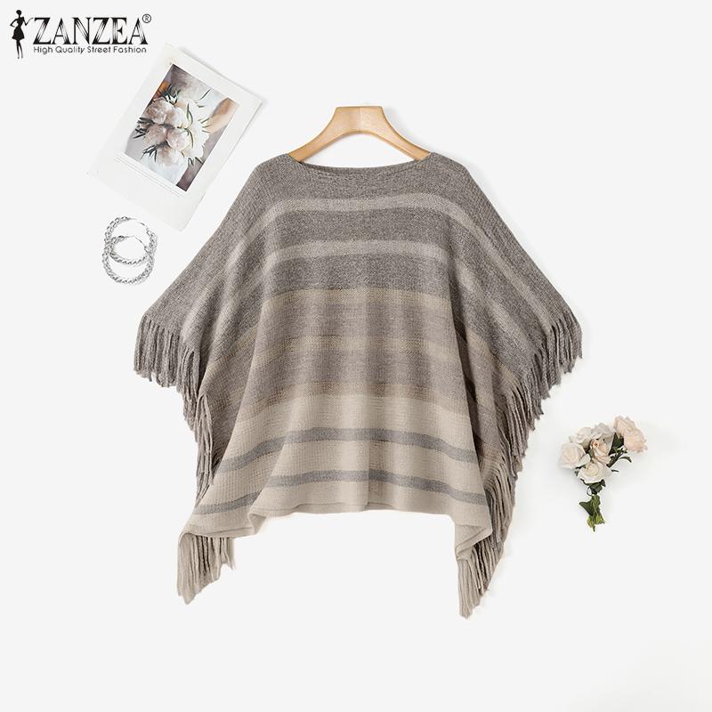 

ZANZEA Women Scoop Neck 3/4 Sleeve Striped Casual Loose Irregular Knitted Sweaters One Size чёрный