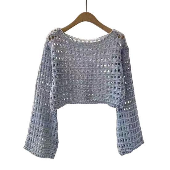 

Sun Protection Cover-up Round Neck Extra Long Sleeves Soft Stretchy Sunscreen Pullover Tops Pure Color Hollow Design Short Knitting Tops