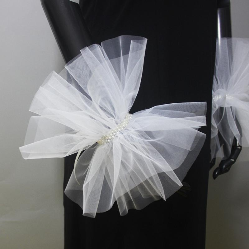 White Tulle Ribbon Bridal Wristband Ruffled Bracelet Party Mesh Sleeves Fake Cuffs Costume Performances Accessory