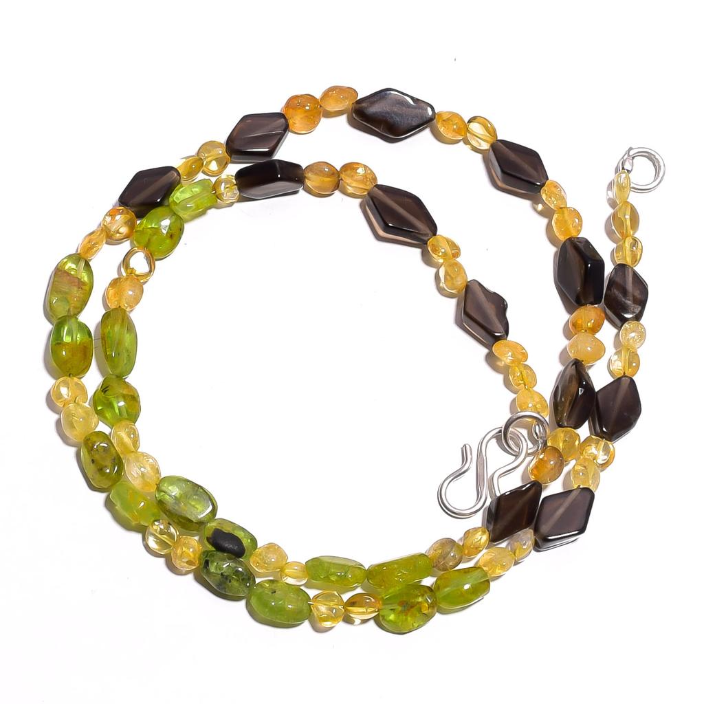 Natural Smoky Quartz Citrine Peridot Gemstone Smooth Beads Necklace 17" UB-4236 UB-4236