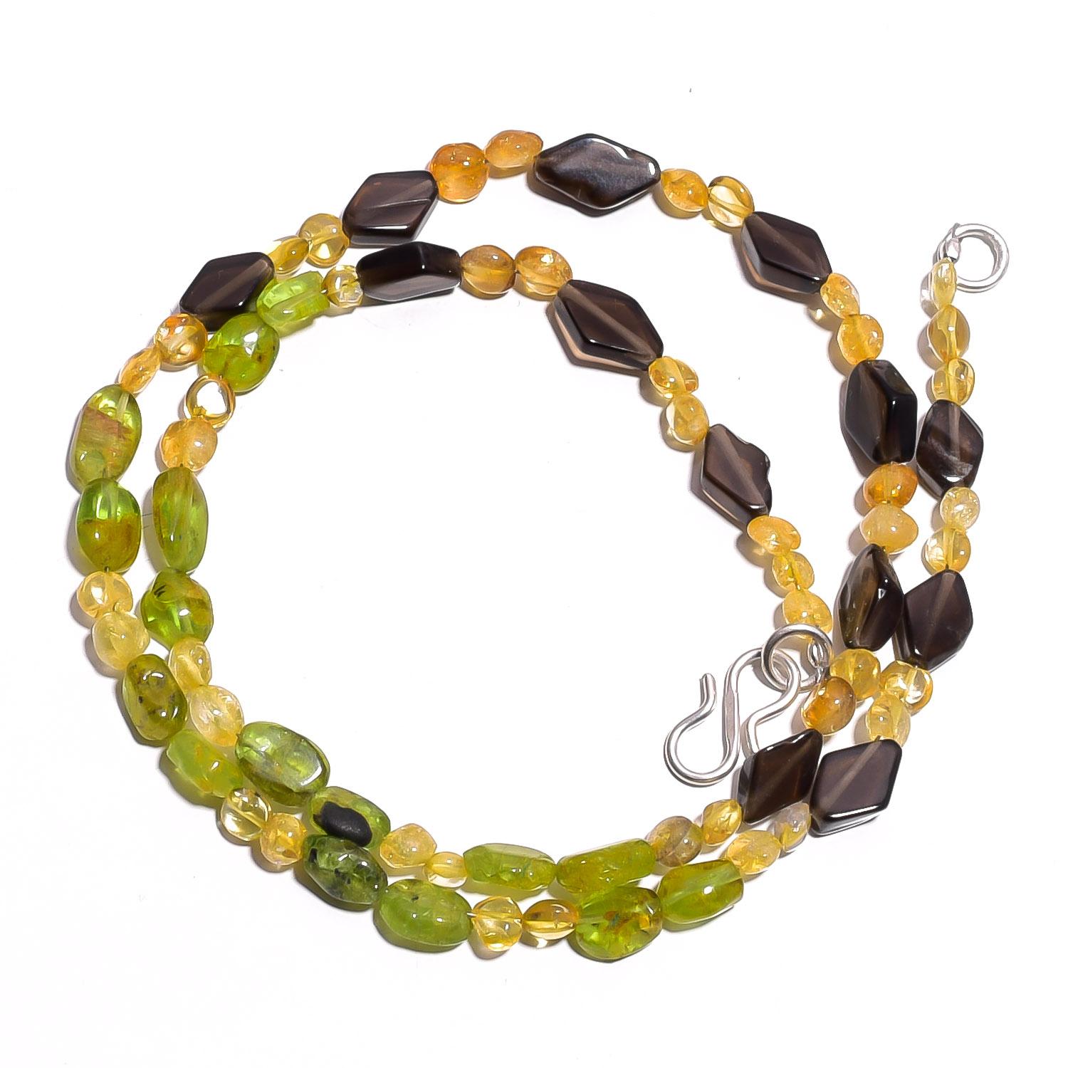 

Natural Smoky Quartz Citrine Peridot Gemstone Smooth Beads Necklace 17 UB-4236 UB-4236
