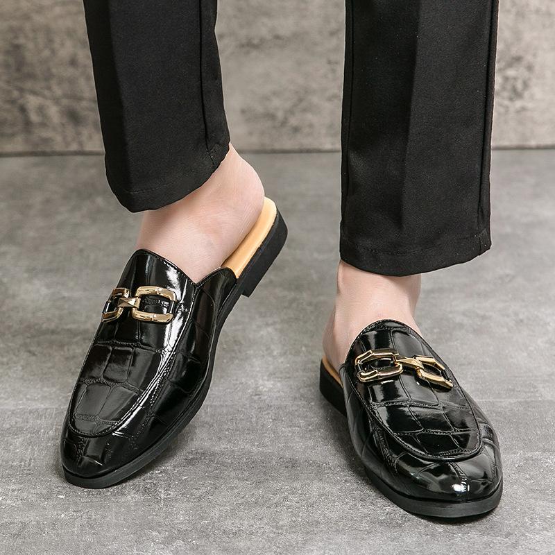 Summer Bag Head Half Slippers Men's Casual Small Leather Shoes Lazy One Pedal Embroidered Beanie Shoes Personalized Trend Sandals