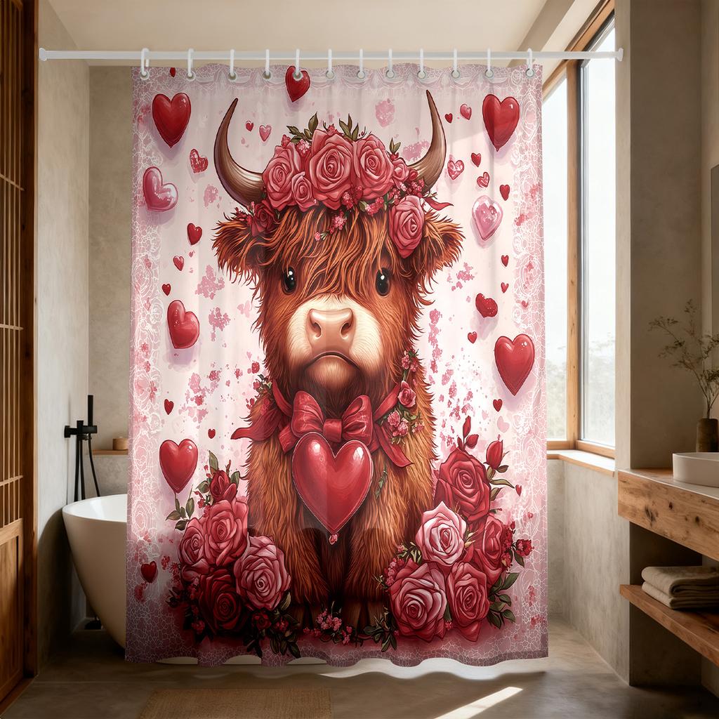 Valentine Day Red Highland Cow Print Waterproof Shower Hanging Curtain Hooks Multiple Sizes Curtains Single Panel Made Of Polyester