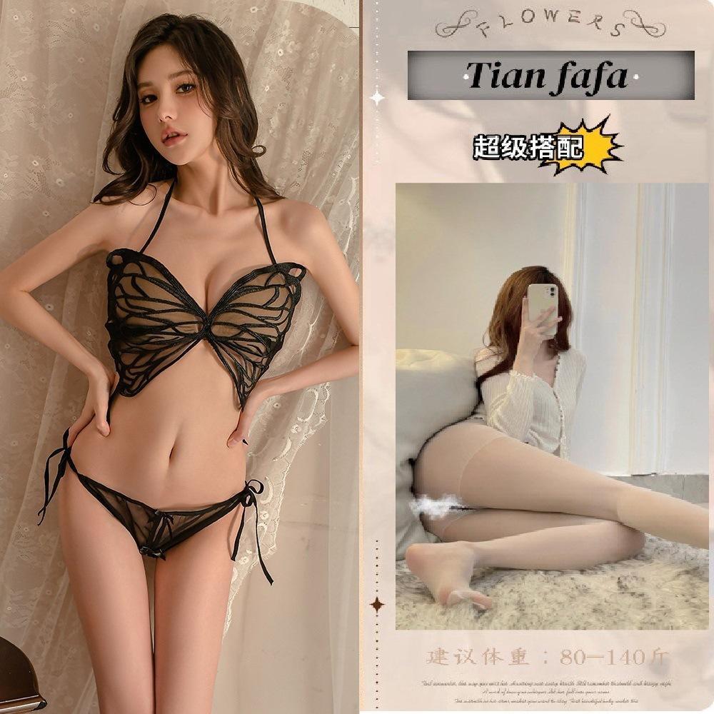 Sex underwear transparent mesh butterfly three-point backless free uniform suit flirting sex underwear women's free