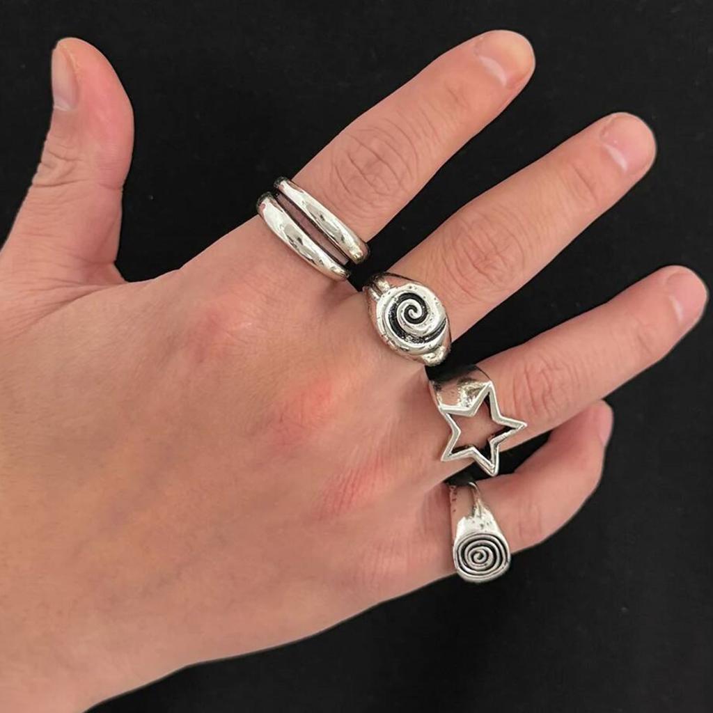 SHIXIN 5 szt./zestaw Vintage Punk Nieregularny Pusty Gwiazda Spirala Metalowy Otwarty Pierścionek Kobiety Goth Regulowany Pierścionek dla Pary Srebrny Kolor Biżuteria