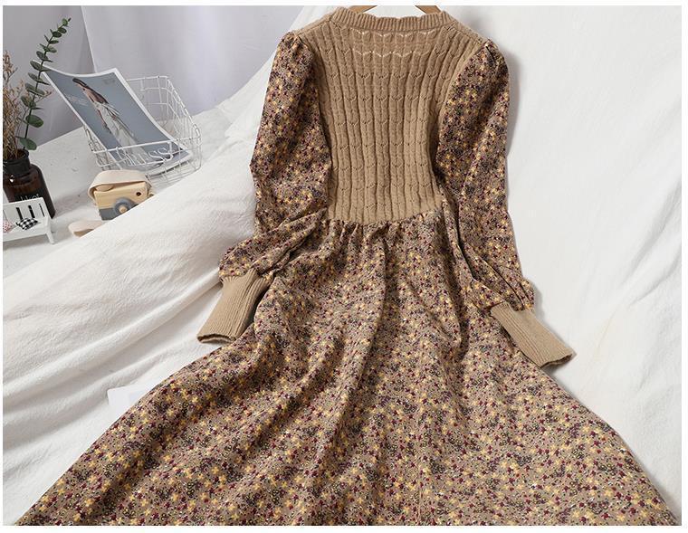 Trendy Autumn/Winter Korean Style Slimming Patchwork Tie-Up Knit Long Dress with Corduroy Floral Print