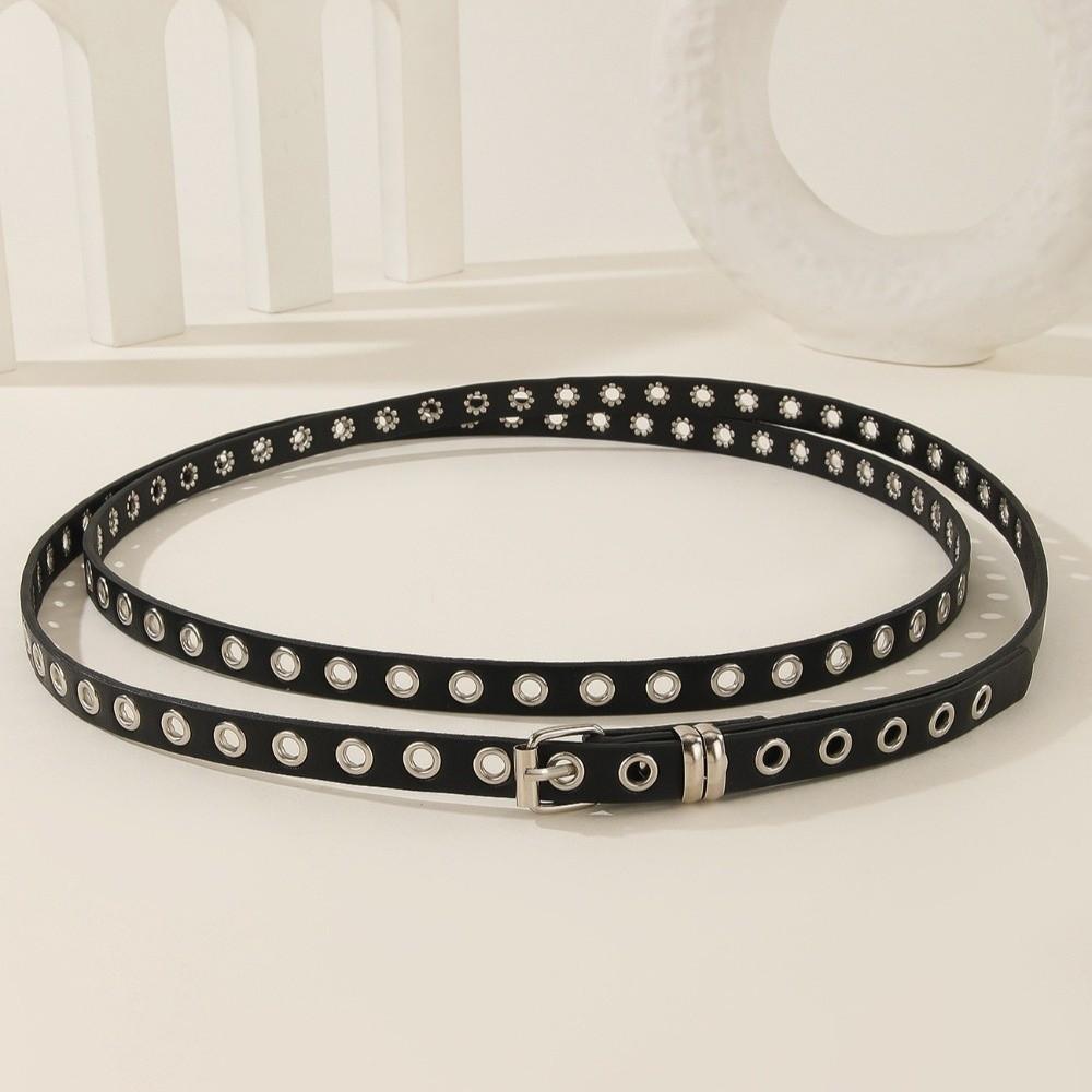 Adjustable PU Leather Waist Belt Extra Long Thin Rivet Eyelet Knotted Belt  Music Festival
