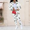 Women Plus Size White Printed Long Sleeve Stand Collar Cropped Varsity Jacket And Long Pants Two Piece Set