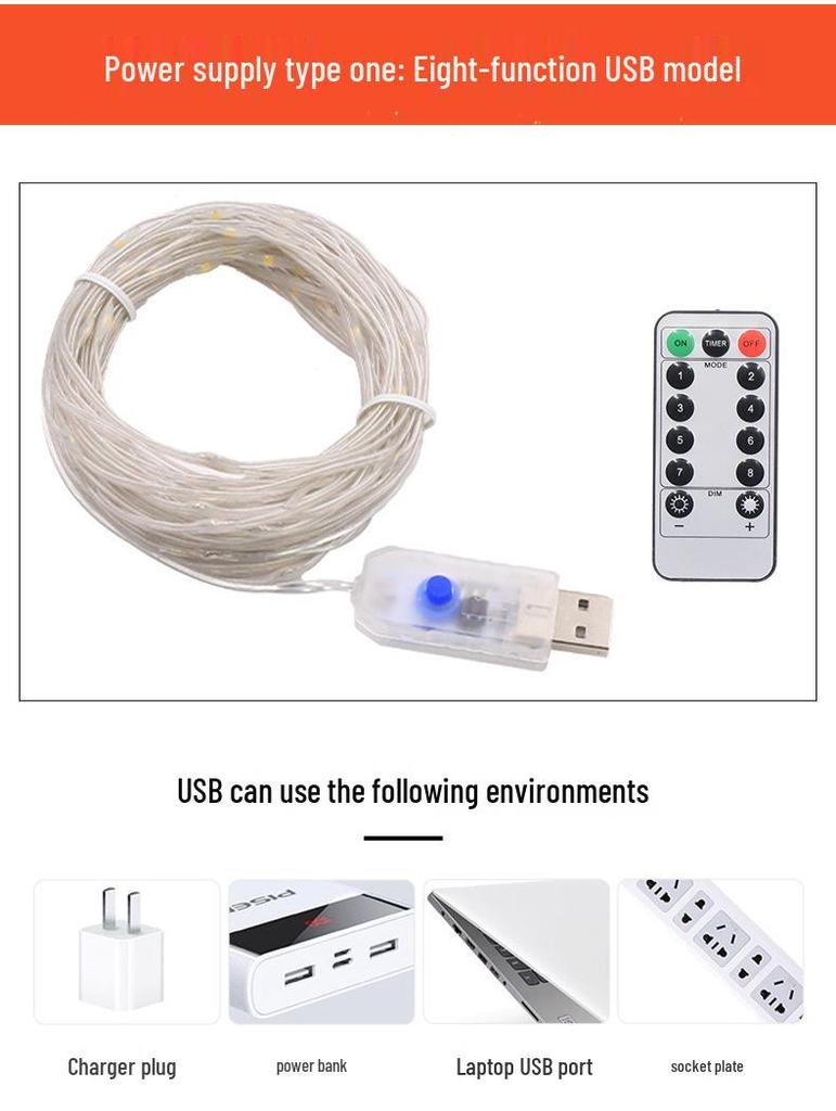 Waterproof LED Copper Wire String Lights with Remote Control - USB & Battery Operated for Christmas, Weddings, and Outdoor Camping Decorations