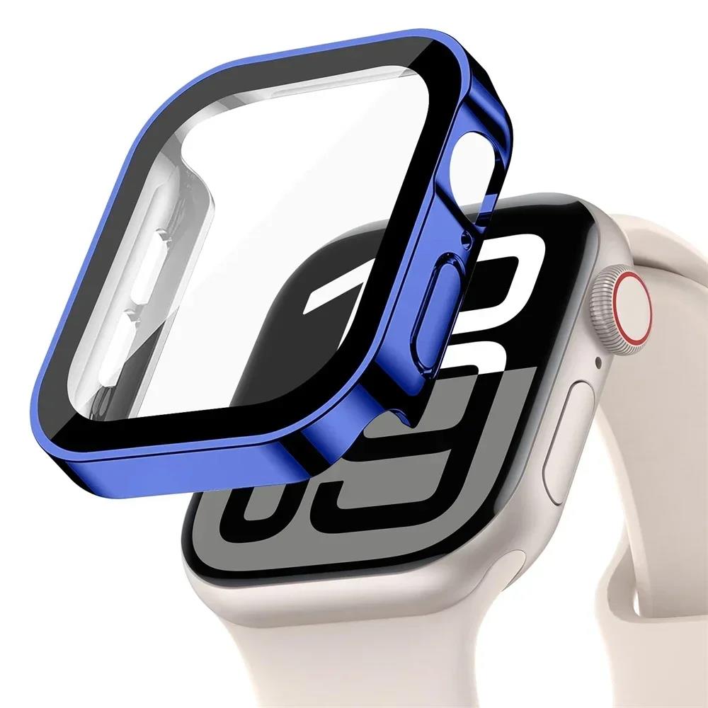 Glass+Case For Apple Watch 42mm 46mm 45mm 41mm 44mm 40mm Straight Edge Screen Protector Cover Case iWatch SE 3 6 7 8 9 10 11 7