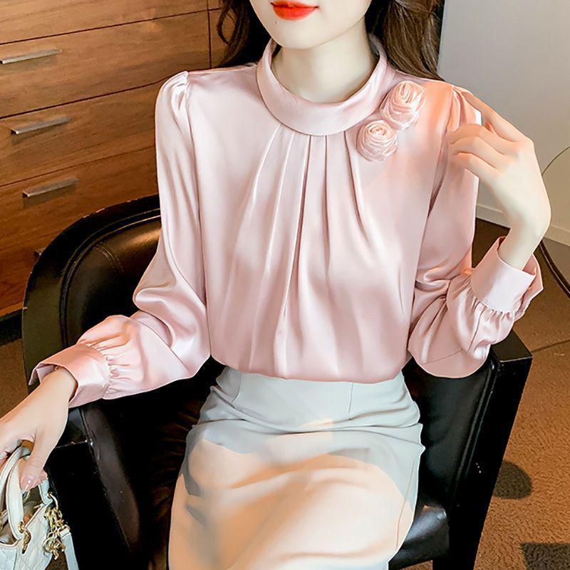Women's Slim Fit Satin Stand Collar Shirt - Spring/Autumn Casual Long Sleeve Solid Color.