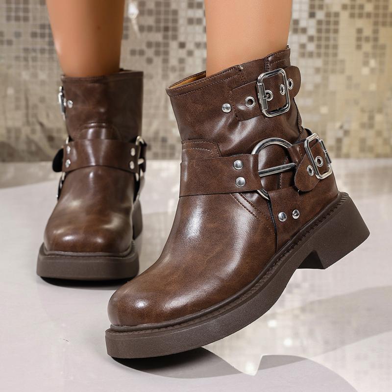 Punk Metal Belt Buckle Decoration Ankle Boots Women 2025 Autumn Medium Heel Slip On Western Booties Bohemia Brown Riding Boots