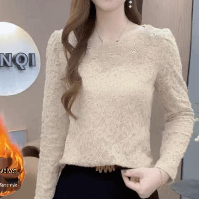 Stylish Slim Fit Fleece-Lined Lace Winter Top with Long Sleeves