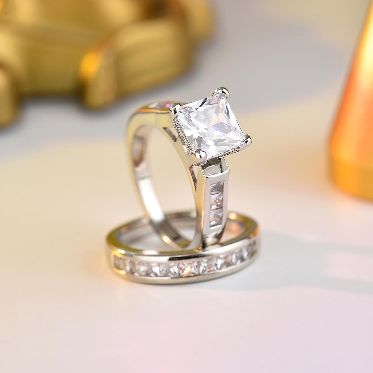 

Trendy Luxury CZ Ring Set 2Pcs Shiny Square Cubic Zircona Engagement Ring & Channel Set Stackable For Women Bridal & Event Out