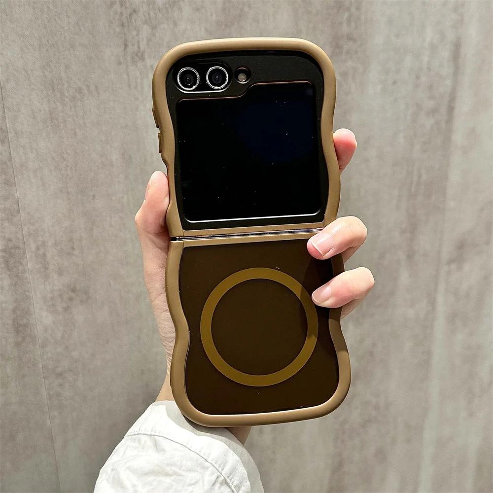 Curly Wavy Frame Hard Translucent Matte Clear Cover For Samsung Galaxy Z Flip 6 5 4 3 5G For Magsafe Magnetic TPU Phone Case