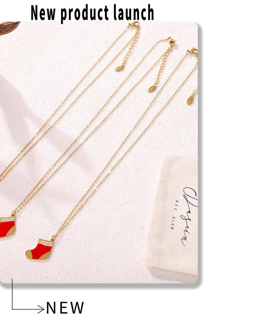 Mi Duoduo Christmas Gift: Cute Red Socks Pendant Necklace with Zircon, Gold-Plated Stainless Steel