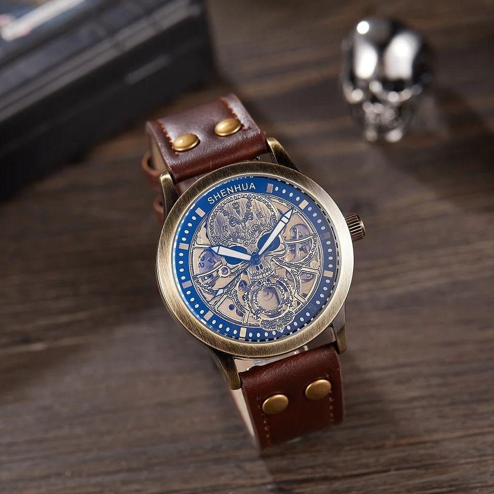 Ceas de mână bărbătesc retro la modă, Tourbillon golit, mișcare mecanică complet automată, ceasuri mecanice, reloj automático