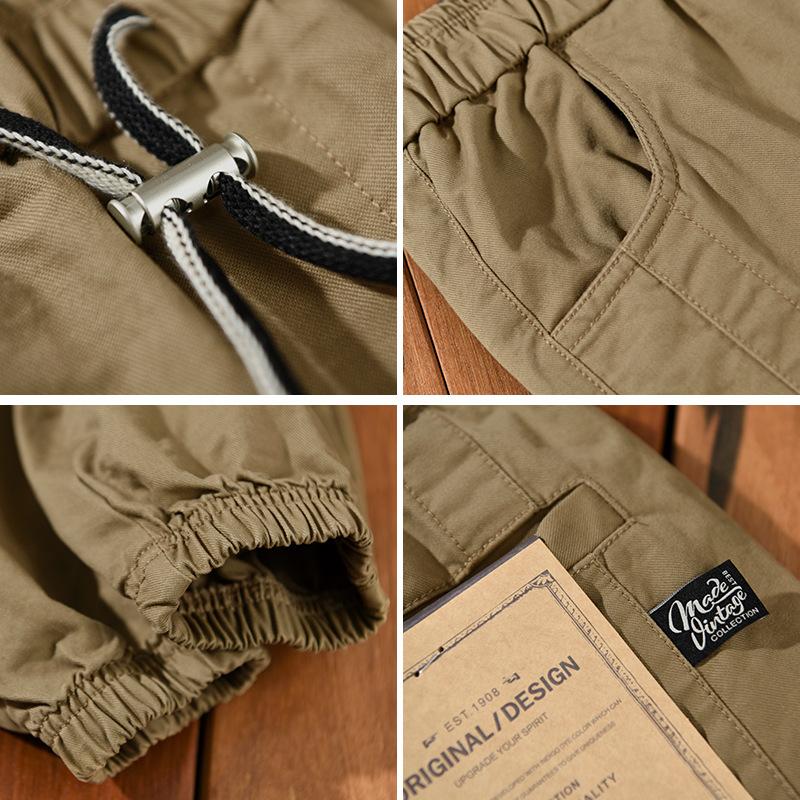 Autumn Men's Casual Elastic Waist Cargo Tapered Pants Cotton Drawstring Design Fashionable Streetwear & Workwear Trousers