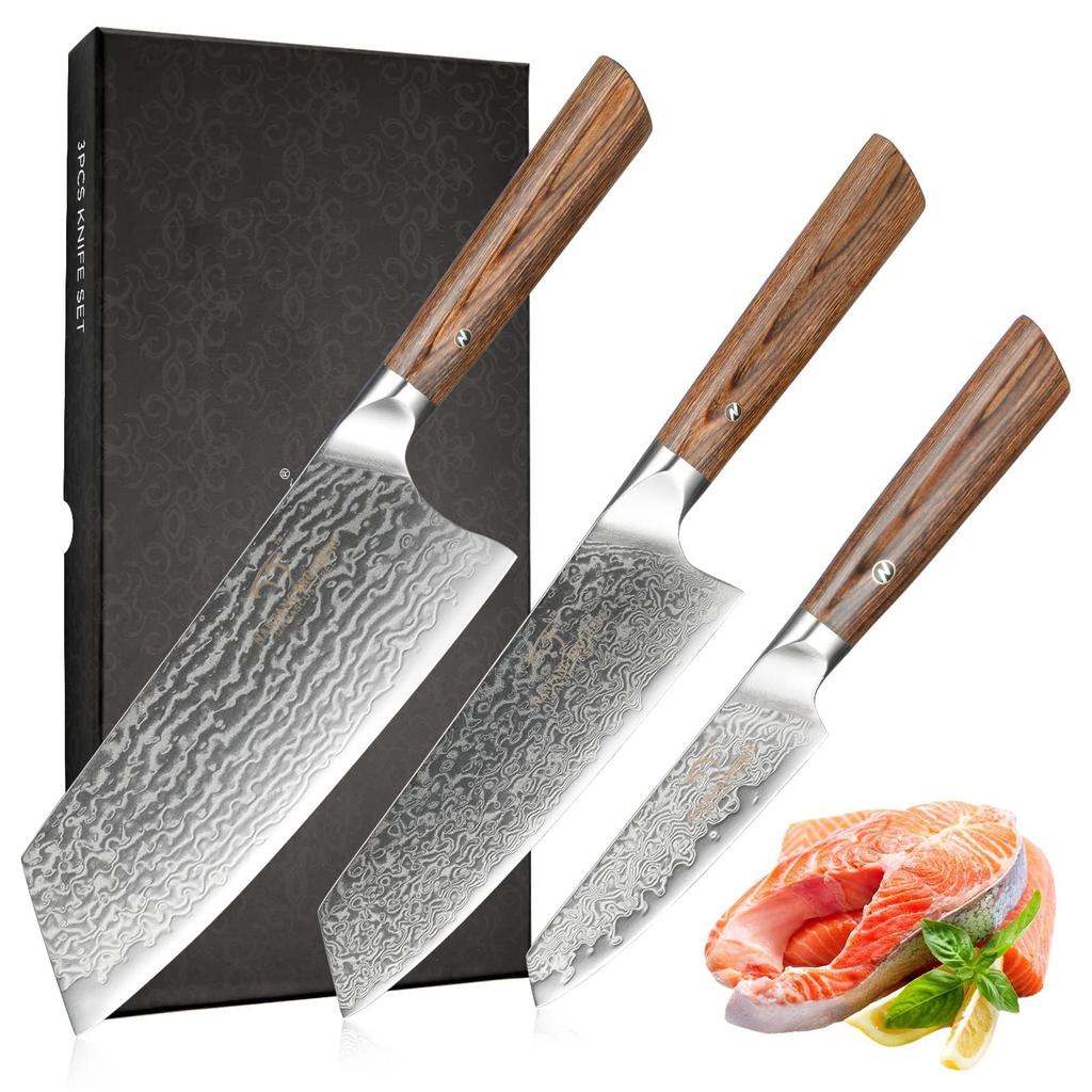 Cuțit VG10 Set de Cuțite din Oțel Damasc Cuțit de Legume și Fructe Tăietură Ascuțită Ideal pentru Uz Casnic și Cadouri Set de 3 Piese NANFANG BROTHERS (Santoku,
