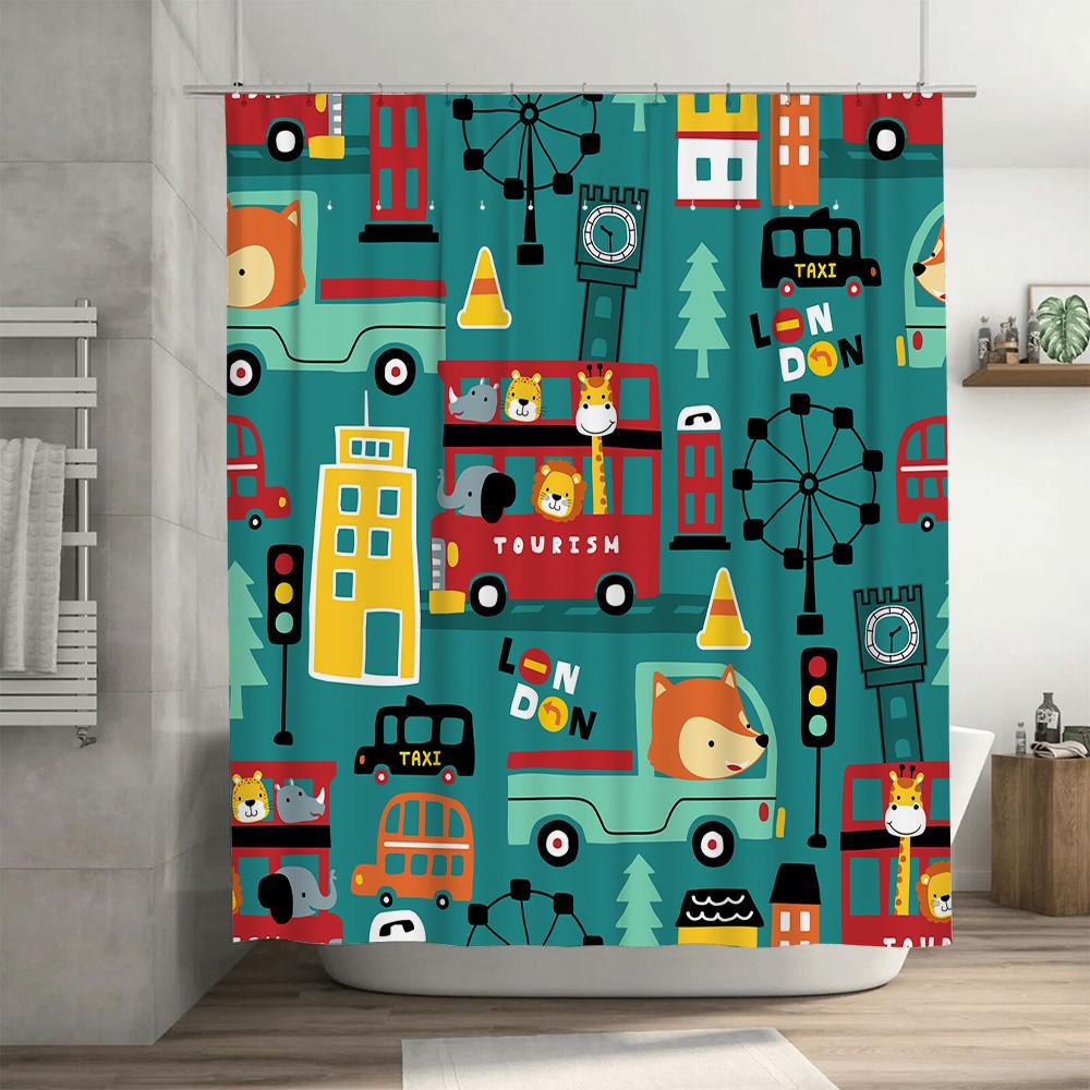City Life Adventure Shower Curtain Cute Animal Design for Kids Bath Decor London Iconic Landmarks Bright Green Blue Yellow Red 3