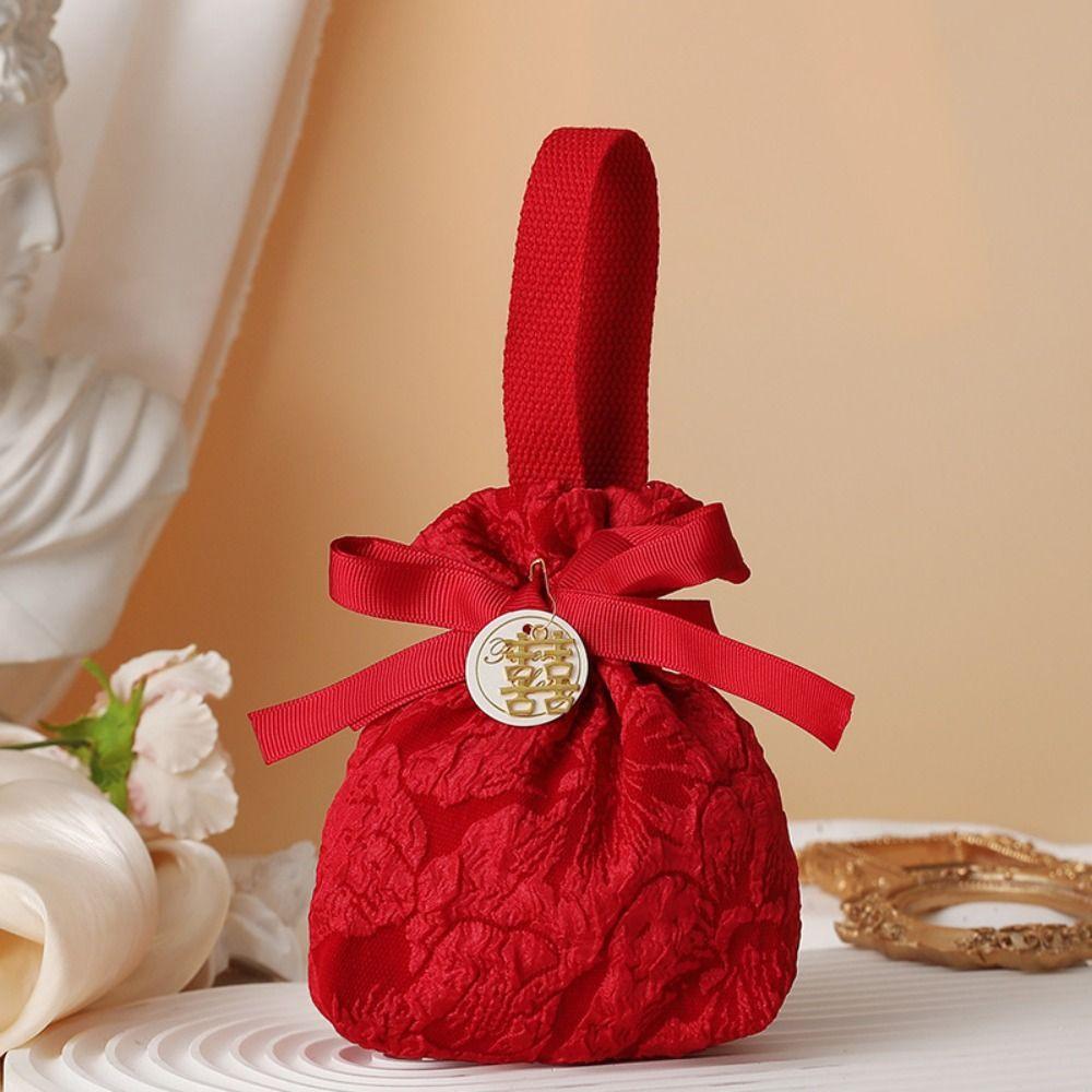 Korean Style New Year Drawstring Bag Bowknot Red Handbag Wedding Candy Bag  Wedding