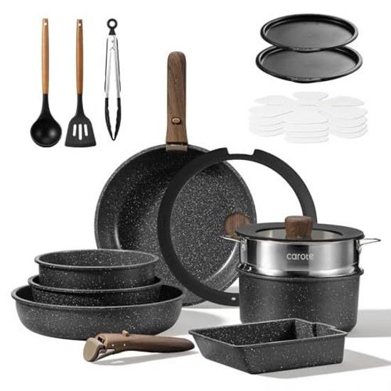 CAROTE frying pan set 20 pieces dishwasher safe IH compatible gas free from harmful substances like PFOA multi-layer coating lightweight detachable
