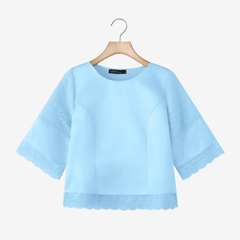 

ZANZEA Жіноча повсякденна вільна блузка з мереживом у стилі печворк з круглим вирізом і рукавами 3/4 M синій