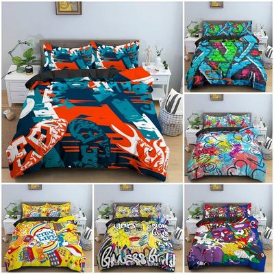 3D Kreslený Graffiti Posteľná súprava Mäkká Luxusná Prikrývka Prikrývka Obliečka na vankúš Spálňová dekorácia Veľkosť King Queen Twin Single Posteľná bielizeň