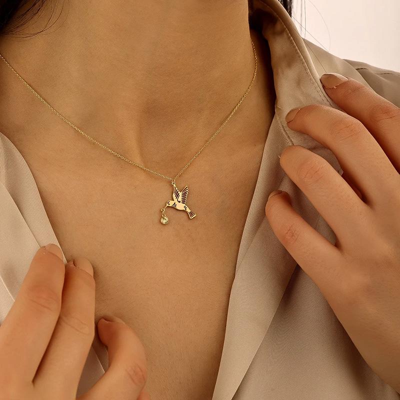 Fashion Crystal Birthstone Hummingbird Pendant Necklace Gold Plated Stainless Steel Bird Jewelry Gifts For Mother