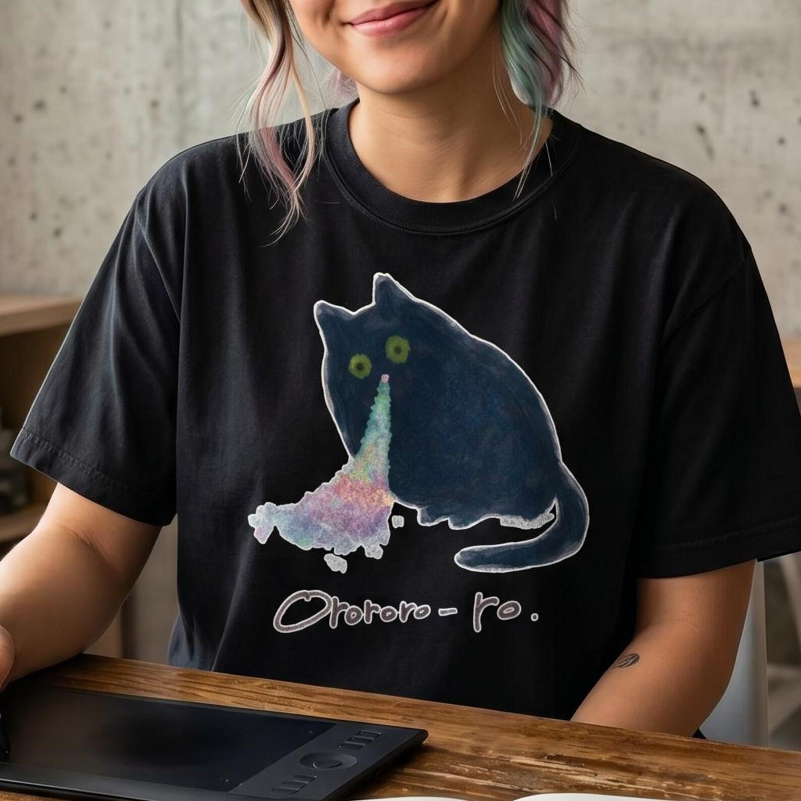 Funny Vomiting Black Cat Shirt, Rainbow Puke Graphic Tee, Quirky Anime Cat Lover Gift S