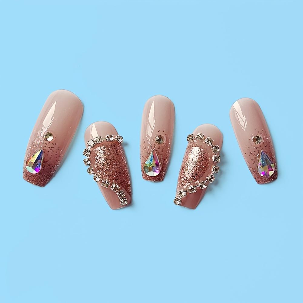 24 Pcs Glossy Nude Pink Heart Press On Nails with Water Drop Rhinestones - Medium Length Valentine's Day False Nails for Women and Girls