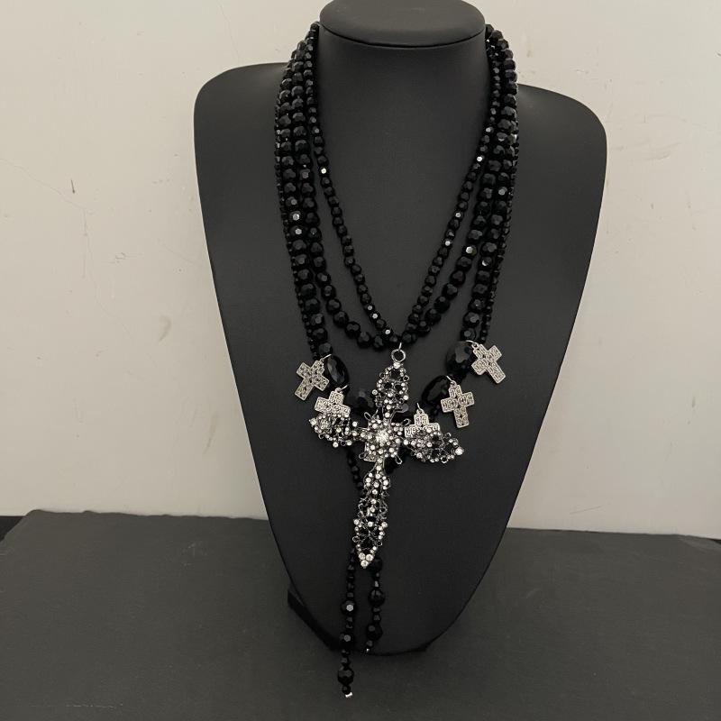 Elegant Multi-Layer Black Beaded Cross Necklace: Women's High-End Layered Clavicle Choker