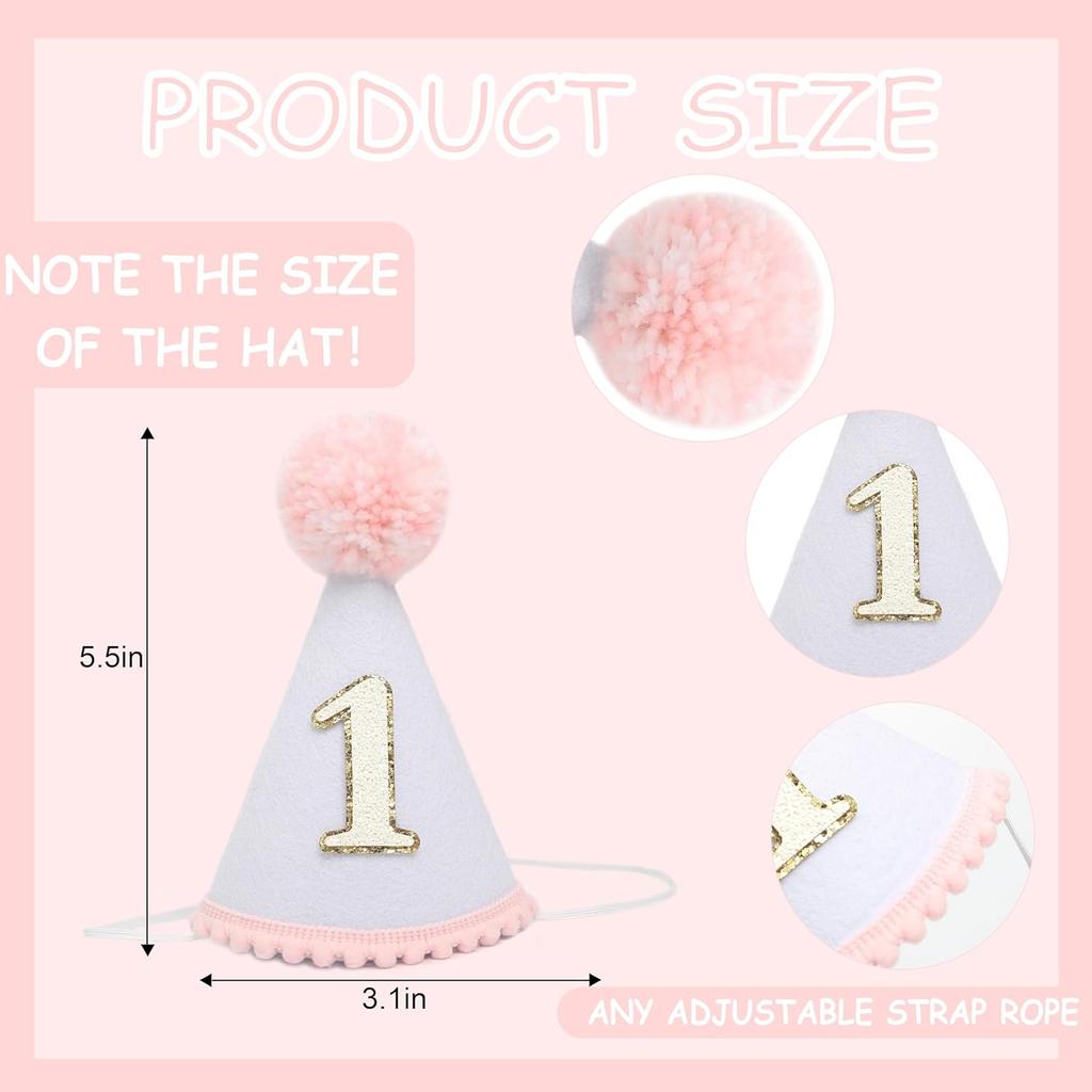 HGFC First Birthday Hat for Baby Girls - Glitter Hat with Pink Pom Topper, Cake Smash Photo Prop for 1st Birthday