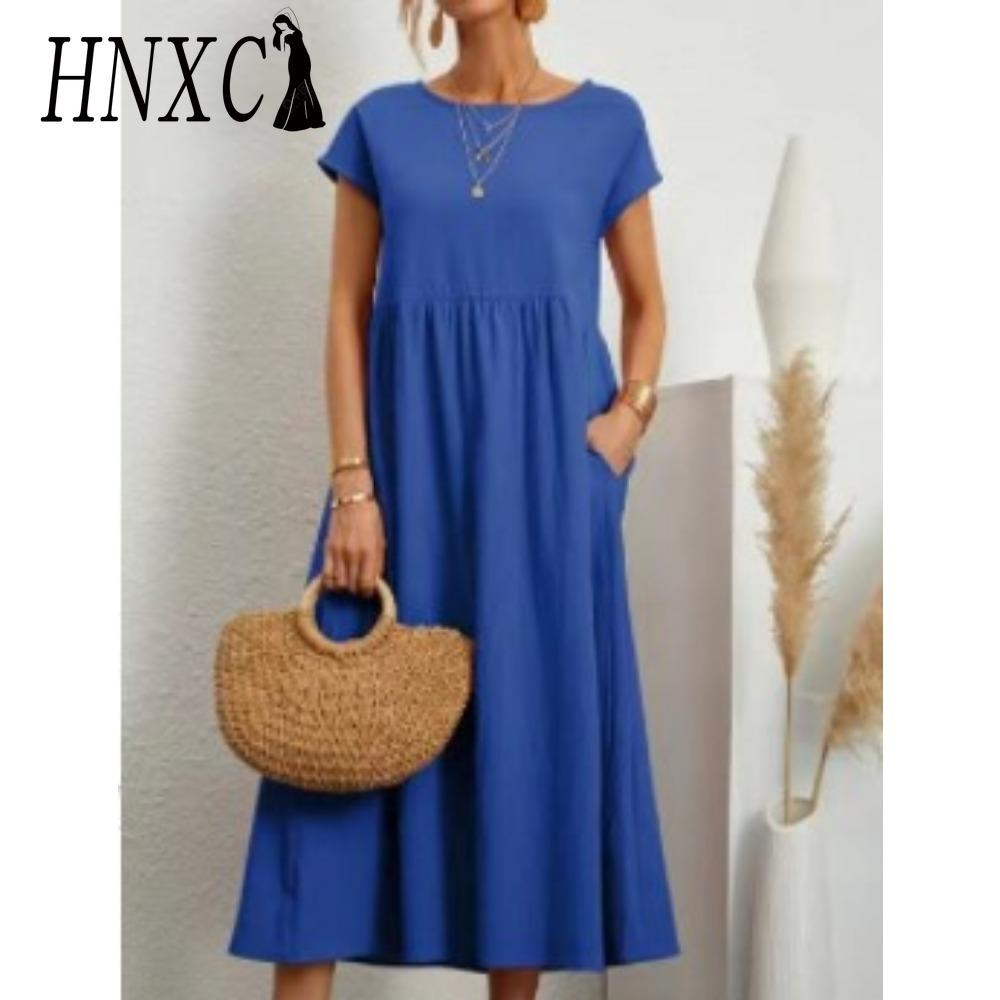 HNXC Sommer Freizeit Lockeres Kleid Damen Kurzarm O-Ausschnitt A-Linie Damenkleid mit Tasche Büro Damen Baumwolle Leinen Kleider