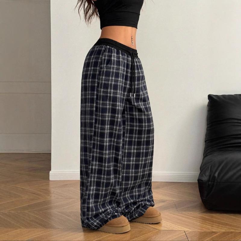 Fashion Loose Fit Elastic Waist Home Plaid Pattern Casual Pants Trousers for Comfortable Wear