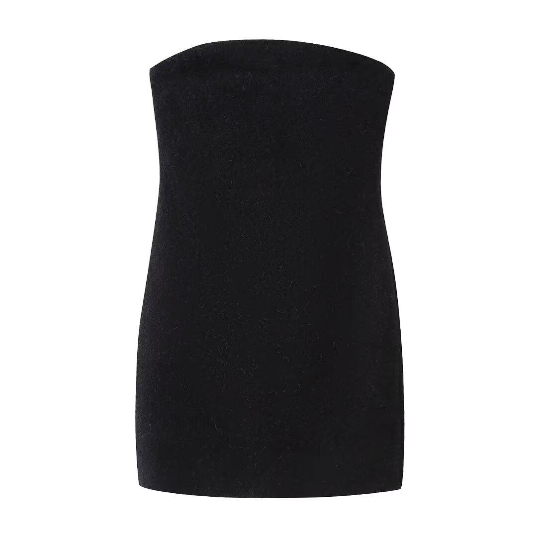 

2024 Spring Women s Black Faux Fur Strapless Slimming Street Fashion Dress Large