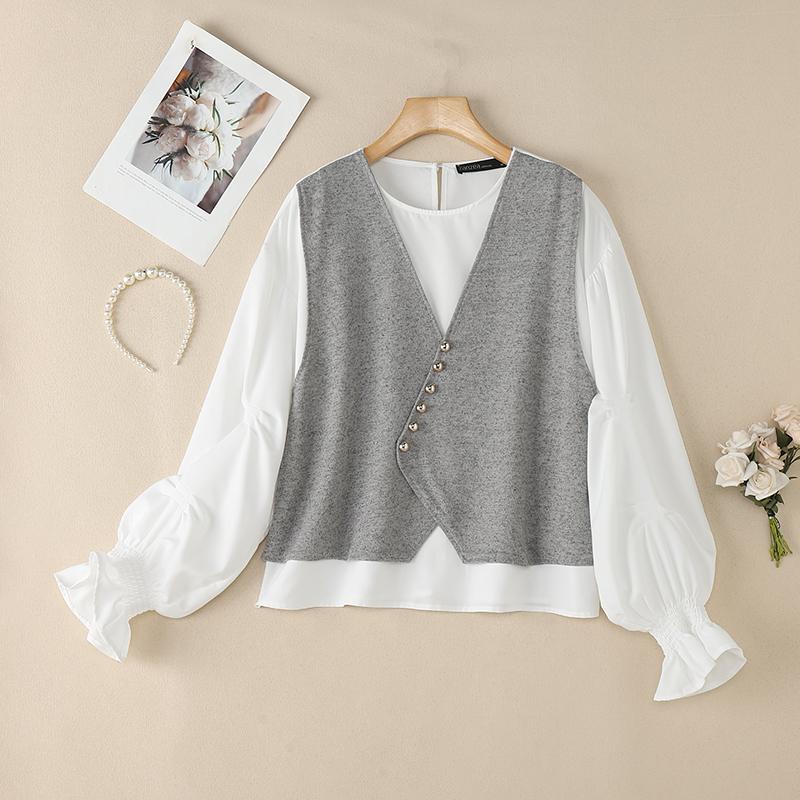ZANZEA Women Casual Round Neck Long Sleeve Loose Patchwork Blouse