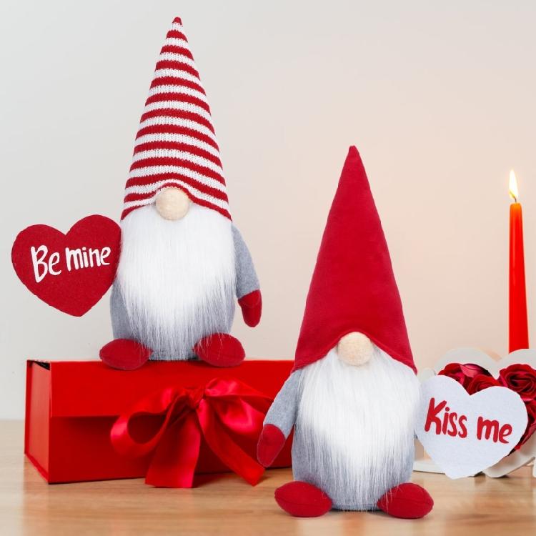 Sweet Love Heart Gnomes Elf Plush Dolls with Striped Hat Stuffed Dwarf Figurine Ornament for Couples Valentines Gift