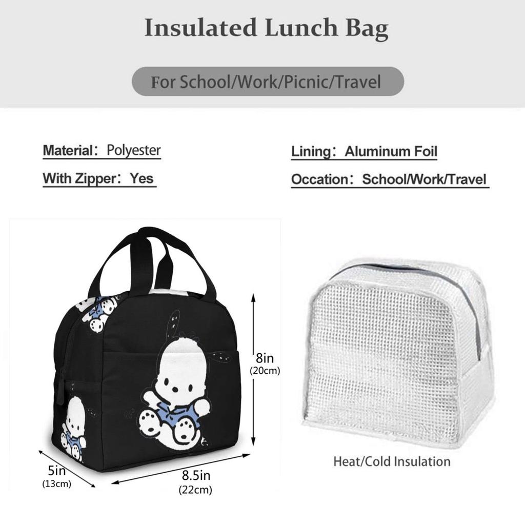 Pochakko Insulated Lunch Bag with Clasp Bento Cooler Bag with Soft Cooler Bag Closure, Black, Box, Insulated, Zipper, Compact, Bag, Tote/Eco