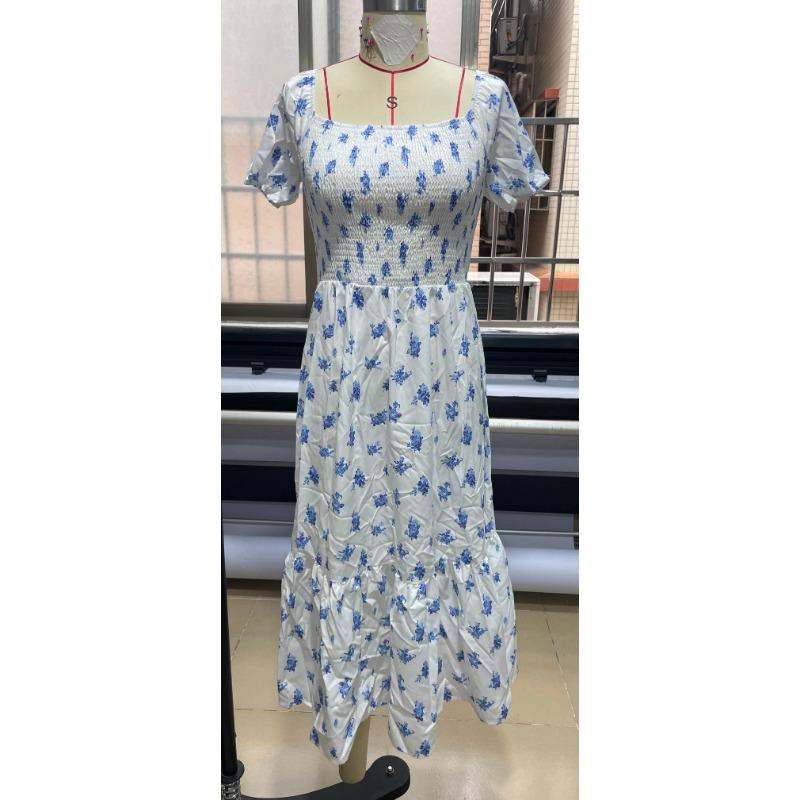 Square Collar High Waist Printed Summer Women's Dress, Comfortable and Elegant Women's Long Skirt