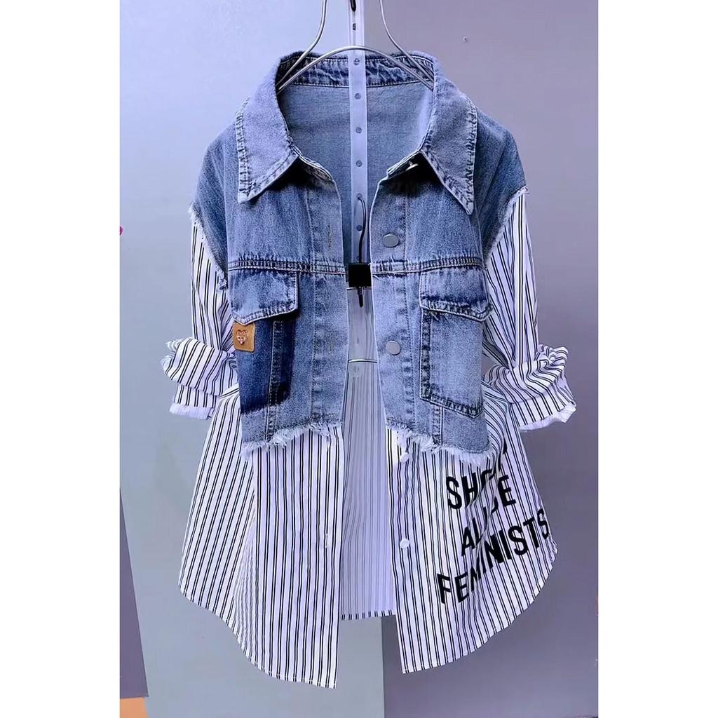 Tops de Mujer Casuales de Primavera y Otoño a la Moda Joker con Costuras a Rayas Diseño de Chaqueta Vaquera para Mujer Camisas Vaqueras Falsas de Dos Piezas Talla Grande