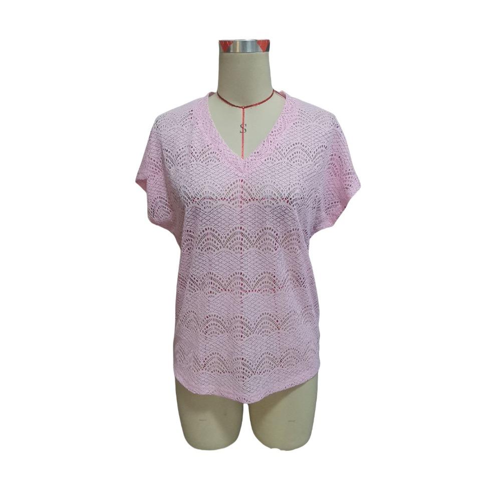 Summer Women's Holiday Style Solid Colour Fashion Loose Lace V-Neck Bat Short Sleeve T-Shirt