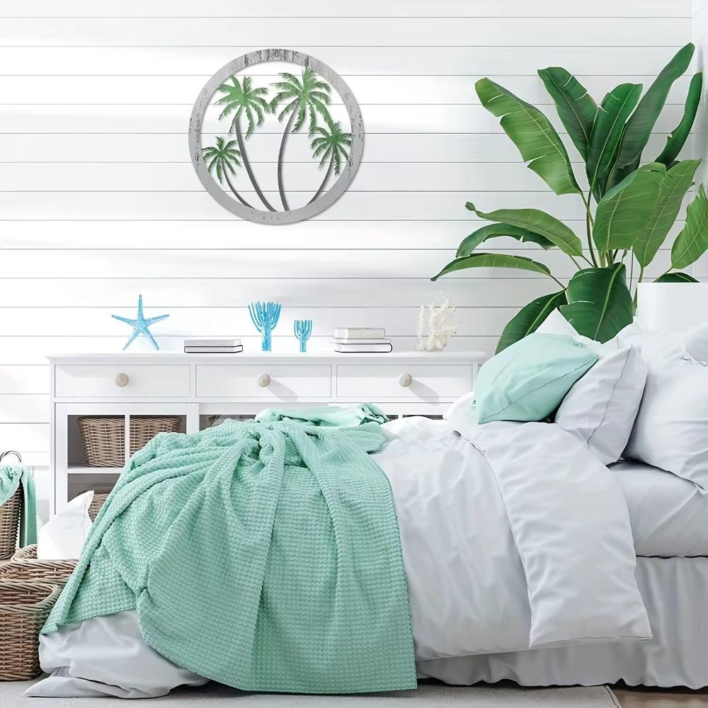1pc Metal Palm Tree Wall Plaque Decorative Round Wall Art for Outdoor Spaces Stylish Hanging Palm Tree Décor Ideal Wall Sticker