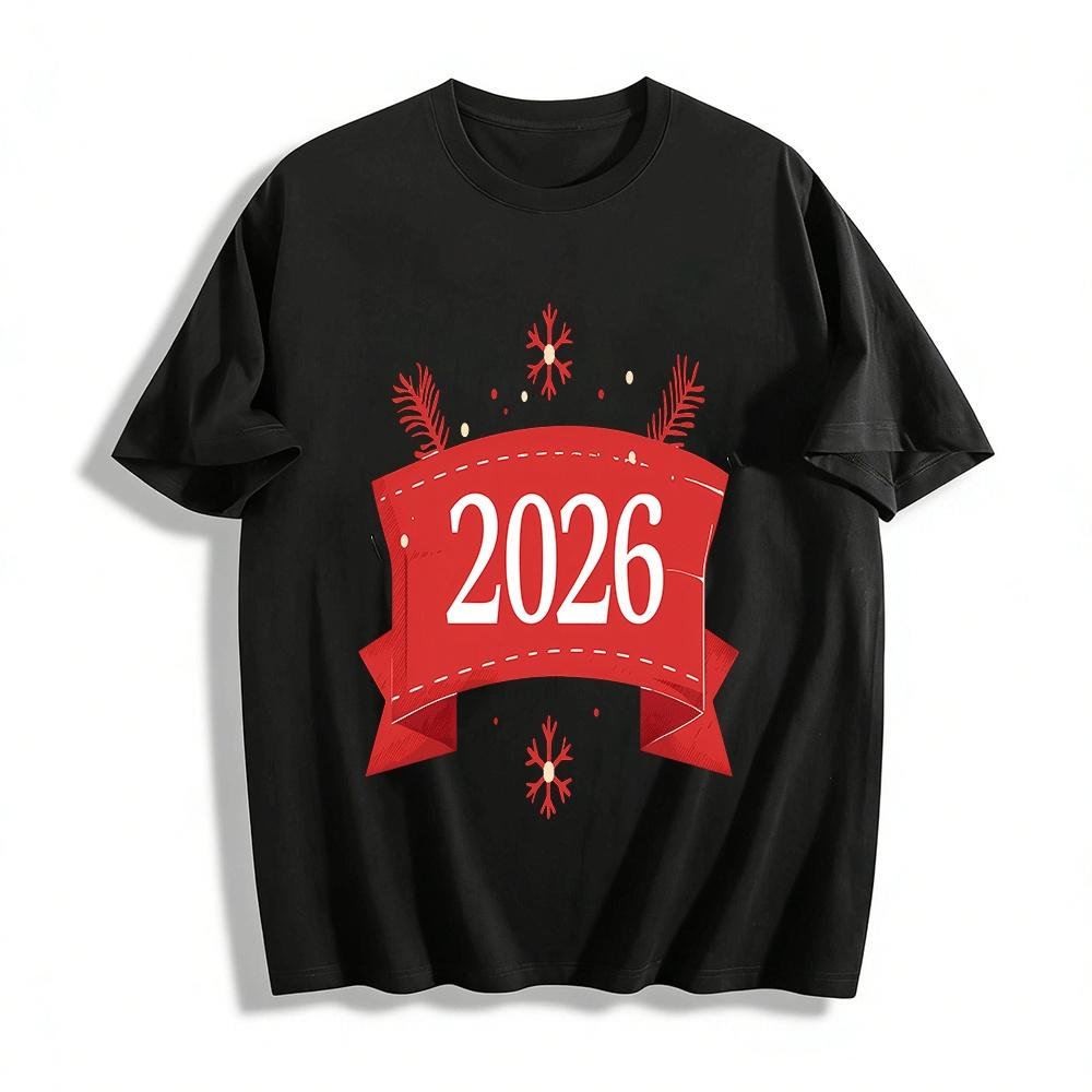 

2026 New Year Snowflake Print Casual Loose Long Sleeve Top Pure cotton T-shirt XXS