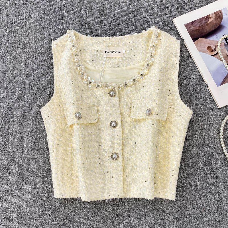 2025 Spring and Summer New Korean Style Heavy Industry Beads Round Neck Sleeveless Single-Breasted Graceful Versatile Temperament Vest Outerwear