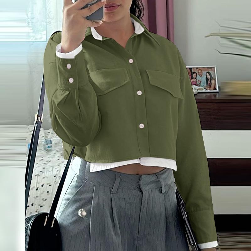 ZANZEA Women Casual Fake Two Piece Solid Color Long Sleeve Shirts