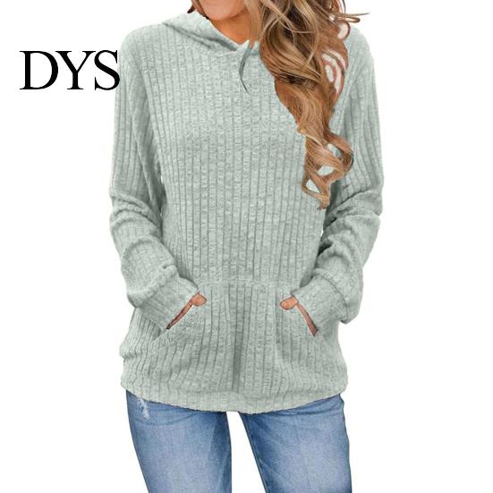 Warm Long-sleeve Sweater Women Knitted Hooded Long Sleeve Loose Fit Ribbed Knitting Pullover Tops with Pockets Casual Solid Color Autumn Knitwear