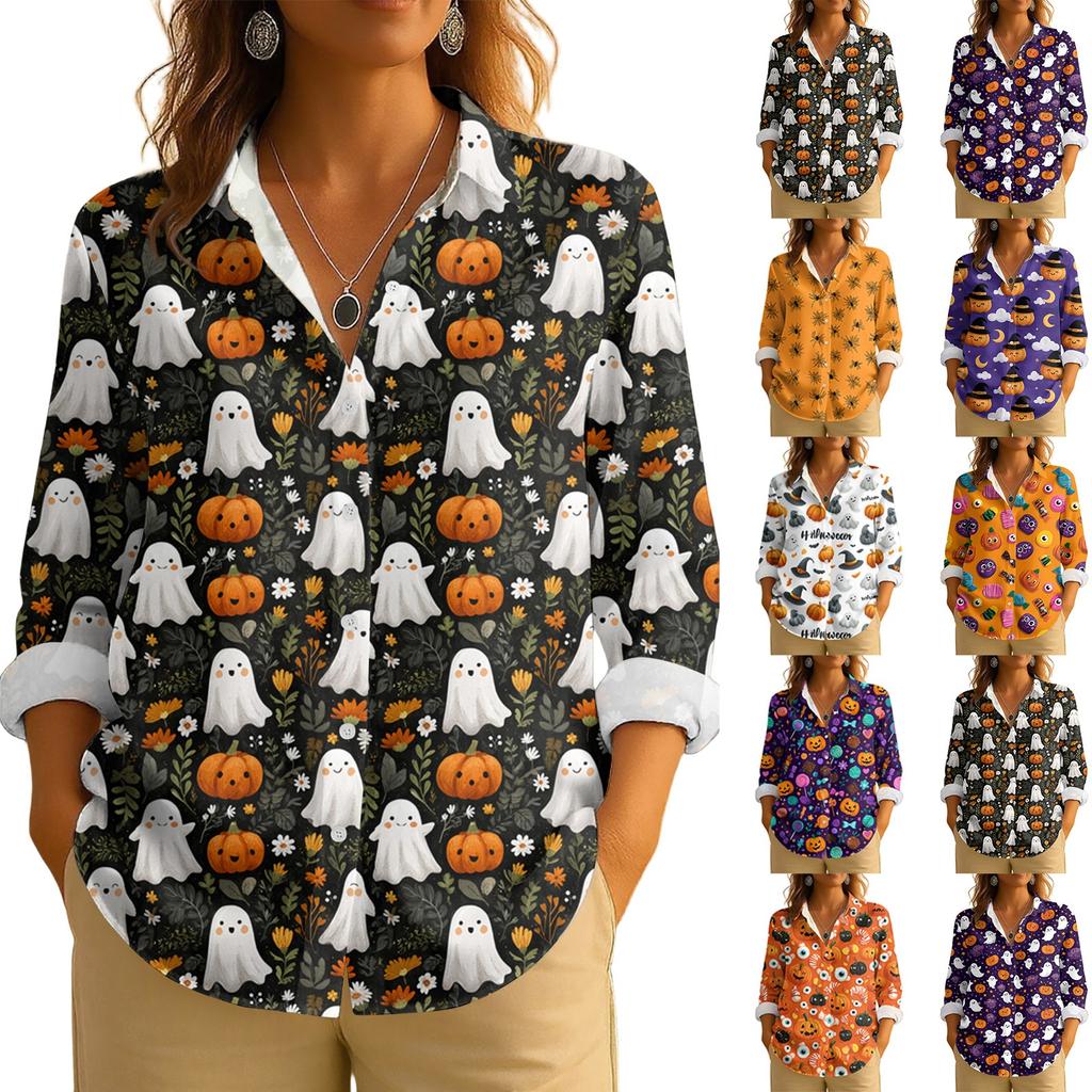 Dámská retro halloweenská potištěná košile s dlouhým rukávem na knoflíky, ležérní top s klasickým límečkem