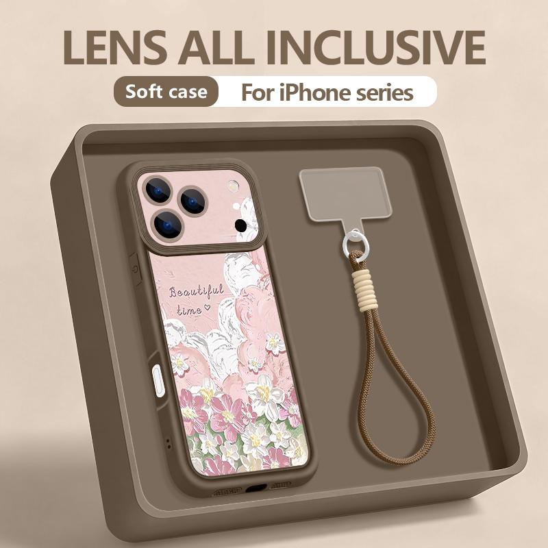 Wrist Strap Lanyard Phone Case For iPhone 17 Pro Max 17E 16E 16 14 15 Pro 12 13 Pro Max 11 Oil Painting Flower Pattern TPU Cover
